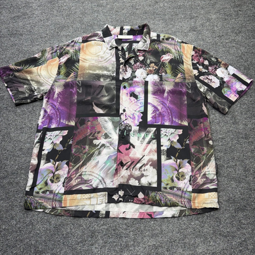 YoungLA 4107 Mens Medium Viscose Graphic Collage Shirt Floral Skull Snake Black